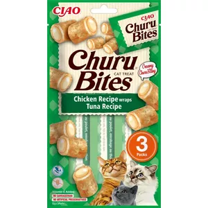 Kaķu našķis INABA Churu Bites Chicken wraps Tuna 3×10 g — zivju garša, olbaltumvielas 28%, mitrums 63%