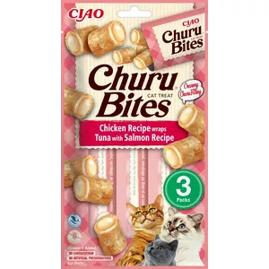 Kaķu našķis INABA Churu Bites Chicken ar tunci un lasi 3×10 g, olbaltumvielas 28%, mitrums 63%