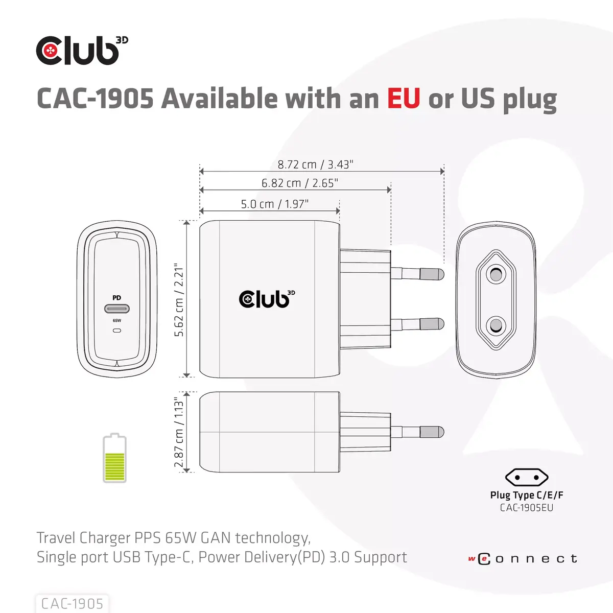 CLUB3D CAC-1905EU 65W GaN USB-C lādētājs Photo 4