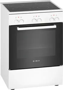 Brīvi stāvoša elektriskā plīts Bosch HKA090220 ar keramisko virsmu, 4 sildzonas, cepeškrāsns tilpums 66 L, energoefektivitātes klase A, baltā krāsā