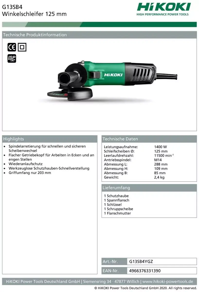Шлифовальная машинка Hikoki G13SB4YGZ Photo 2
