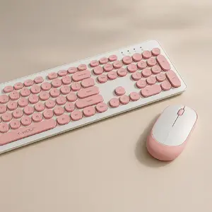 Wireless Keyboard and Mouse Set T-WOLF TF770 Retro Punk 2.4GHz — Pink and White