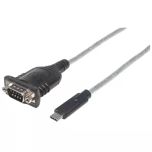 Кабель USB-C — Serial (RS232/DB9), MANHATTAN, чип PL-2303RA, 45 см, штекер–штекер, серебристо‑чёрный