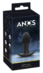 Anal plug ANOS Silicone Black — vibrating silicone butt plug, length 8.9 cm, insertion 7.6 cm, Ø 3 cm, waterproof, USB-rechargeable
