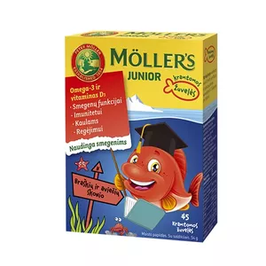 Zivju eļļas kapsulas Möller's Junior Omega-3 zemeņu garšas košļājamās zivis N45