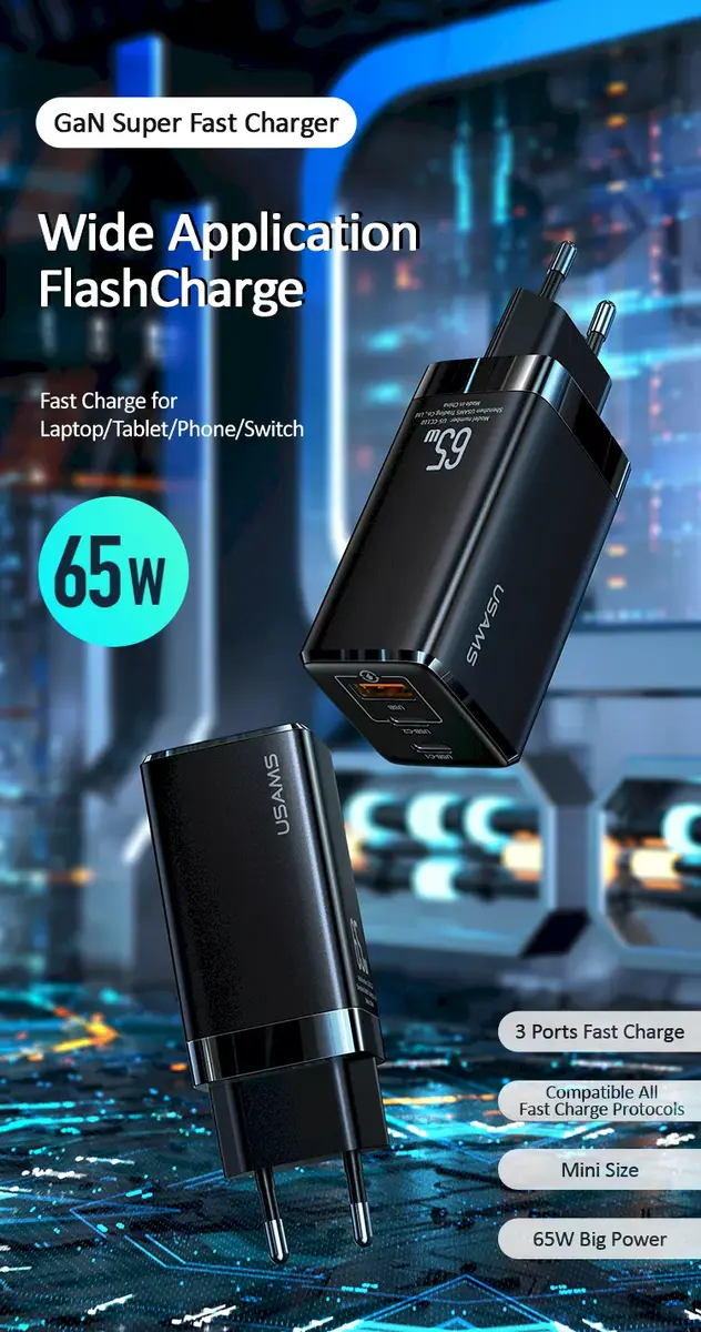 Sienas lādētājs usams MT 2x USB‑C 65W GaN Photo 3