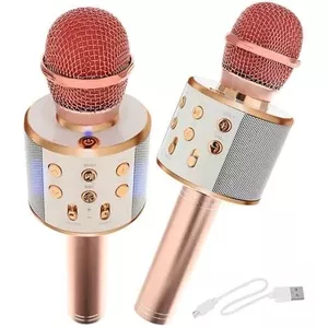 Goodbuy karaoke mikrofons ar iebūvētu Bluetooth skaļruni / 3W / aux / balss modulators / USB / Micro SD gaiši rozā