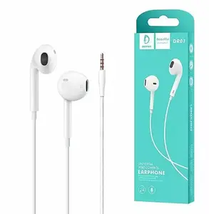Iekškanāla austiņas DENMEN DR01 — vads ar 3,5 mm spraudni, kompakts in-ear dizains, modelis DR01 WHITE