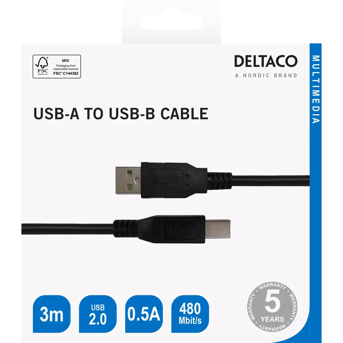 DELTACO USB-B 2.0 kabelis USB-230S-K 3 m Photo 3