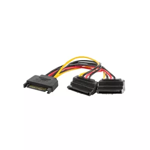 SATA kabelis LANBERG CA-SASA-10CU-0015 — SATA I, 0,15 m, SATA 15-pin uz 2× SATA 15-pin, melns/sarkans/dzeltens
