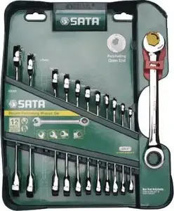 Sata ratcheting combination wrench set 12-piece ST09066-02 — 12 sizes, ratchet box-end, open-end wrenches