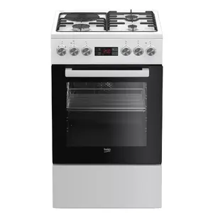 Brīvi stāvošā plīts BEKO FSE53320DWCS — gāzes virsma 4 zonu, elektriskā krāsns, 500 mm, melna/balta