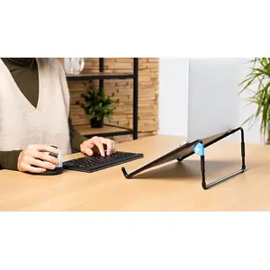 Raises your laptop up to eye level -  Stimulates an upright posture