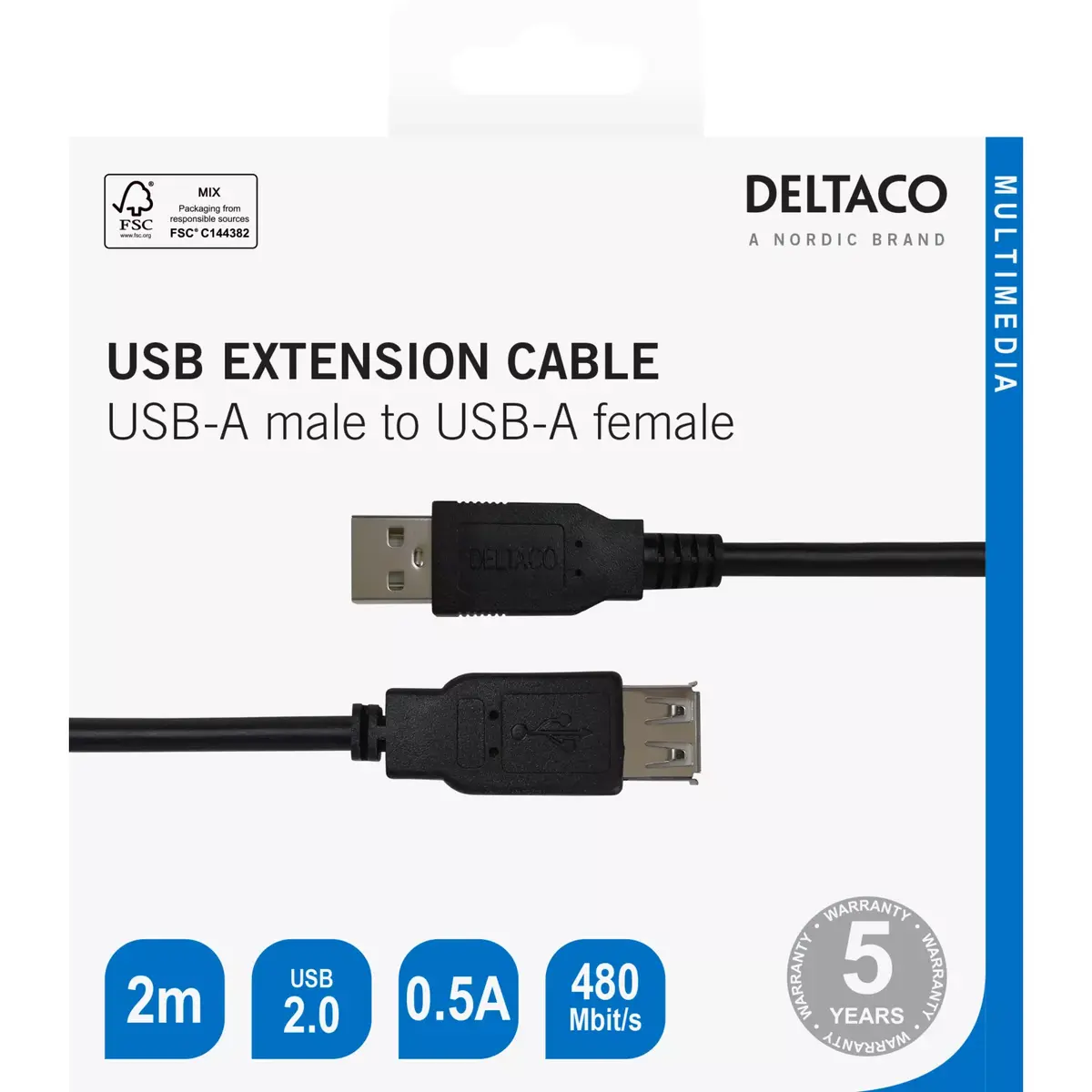 DELTACO USB-A штекер — USB-A гнездо удлинитель 2 м Photo 5