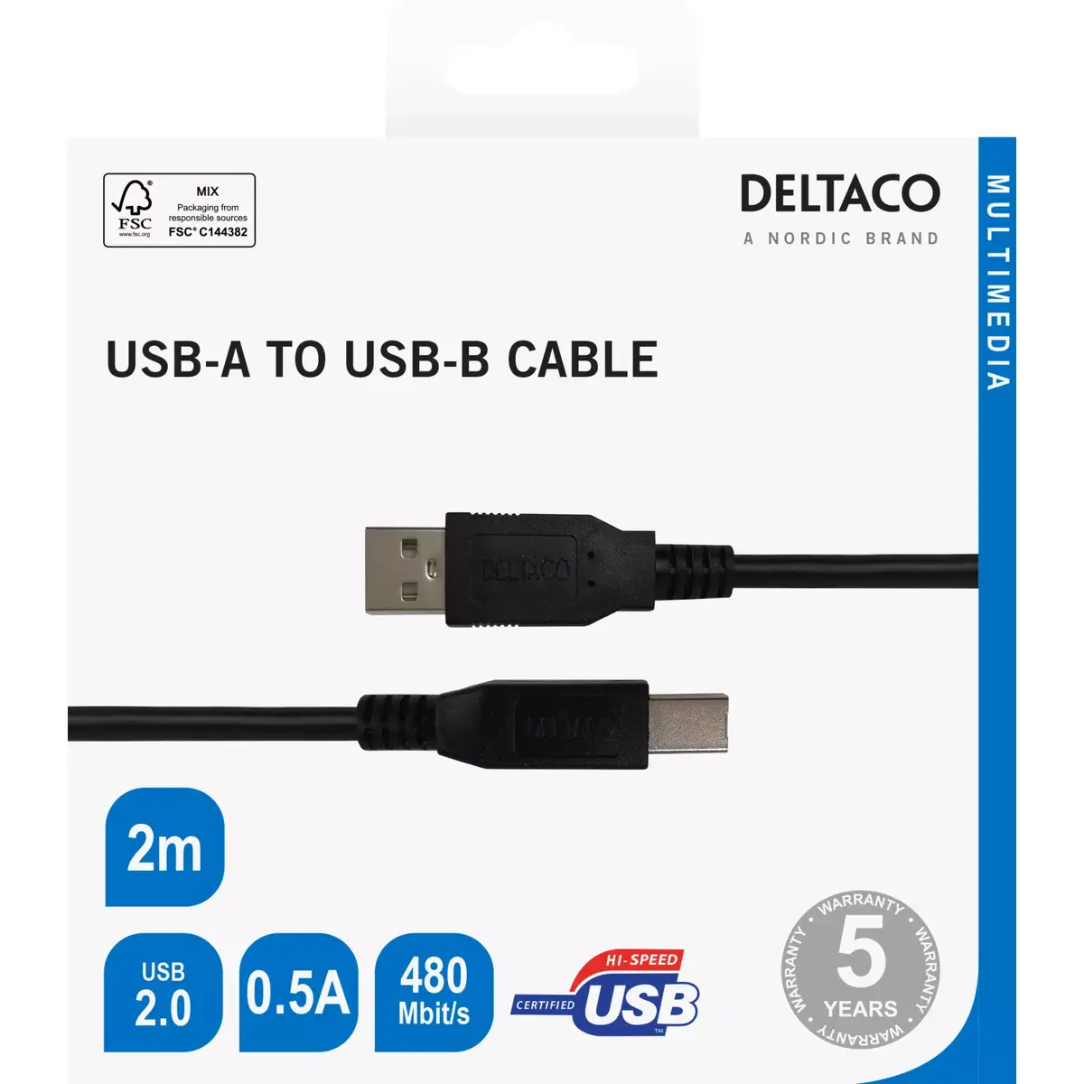 DELTACO USB-B 2.0 kabelis USB-218S-K 2 m Photo 5