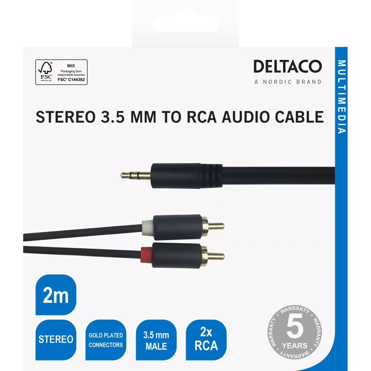 DELTACO MM-140-K audio kabelis 3,5 mm → 2×RCA, 2 m Photo 5