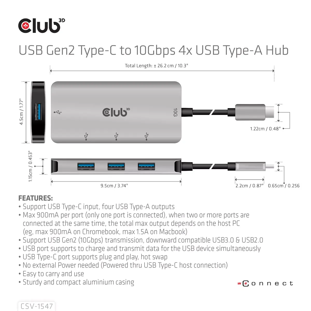 USB Хаб CLUB3D USB Gen2 Type-C на 10Гбит/с 4x USB Type-A Photo 8