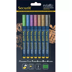 Krītu marķieri Securit BL-SMA100-V7-MT — 7 gab.: zils, zelta, zaļš, rozā, violets, sudraba; līnija 1–2 mm