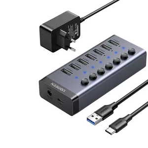 Концентратор UGREEN 7in1 USB-C, 7x USB-A 3.0 12V 2A (черный)