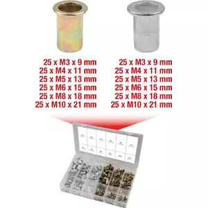 Втулки заклёпочные KS Tools 970.0630 сталь и алюминий M3x9мм–M10x21мм 300 шт.