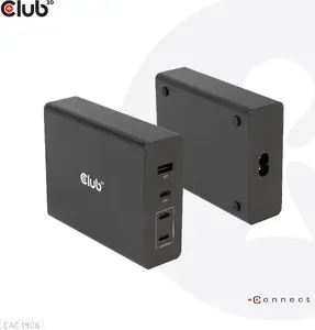 Club 3D 132W ceļojumu lādētājs ar GaN tehnoloģiju, četriem USB Type-A un Type-C portiem, Power Delivery 3.0 atbalstu, melns