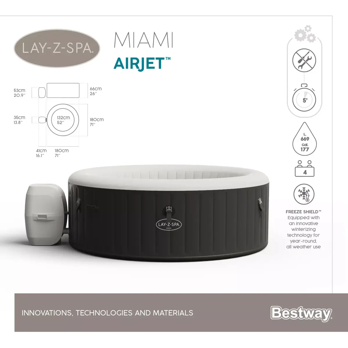 Надувная ванна Bestway Lay-Z-Spa 71" x 26" Miami AirJet Photo 31