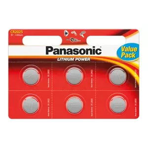 Pogas litija baterija Panasonic CR2025, 3 V, augstums 2,5 mm, diametrs 20 mm, iepakojumā 6 gab.