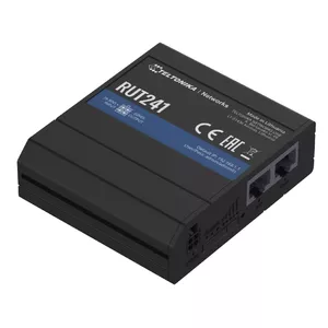 Cellular network router TELTONIKA RUT241 — LTE Gigabit Ethernet, Wi‑Fi 4, 3× external SMA antennas, DIN‑rail, 9–30V DC