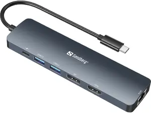 Док-станция Sandberg USB-C 8K Display Dock с интерфейсами HDMI, DisplayPort, RJ-45 Ethernet и Power Delivery до 100 Вт в сером алюминиевом корпусе