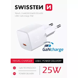 Сетевое зарядное устройство SWISSTEN Mini Travel GaN 25W PD USB-C для телефонов и планшетов