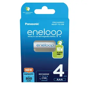 Перезаряжаемые аккумуляторы Panasonic eneloop AAA 800 мА·ч, Ni‑MH, 1.2 В, набор 4 шт., до 2100 циклов