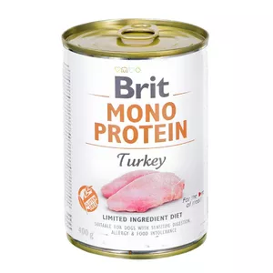Влажный корм для собак Brit Mono Protein Turkey 400 г — моно-протеин, для взрослых, банка