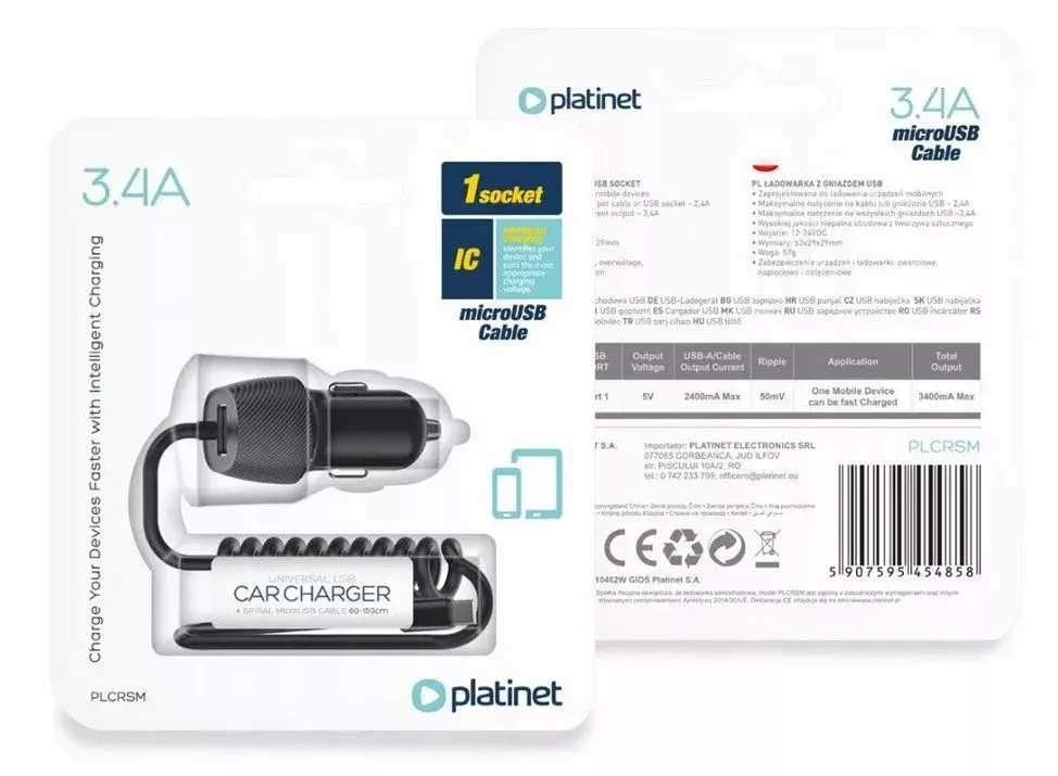 Car Charger PLATINET 45485 — 3.4A with Micro‑USB Cable Photo 2
