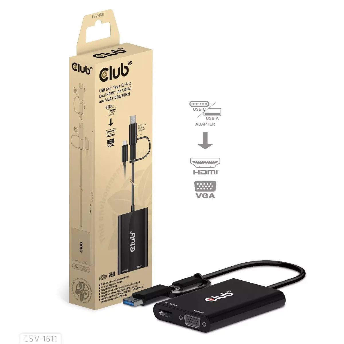 USB Gen1 Type-C/-A на Dual HDMI VGA CLUB3D CSV-1611 Photo 6