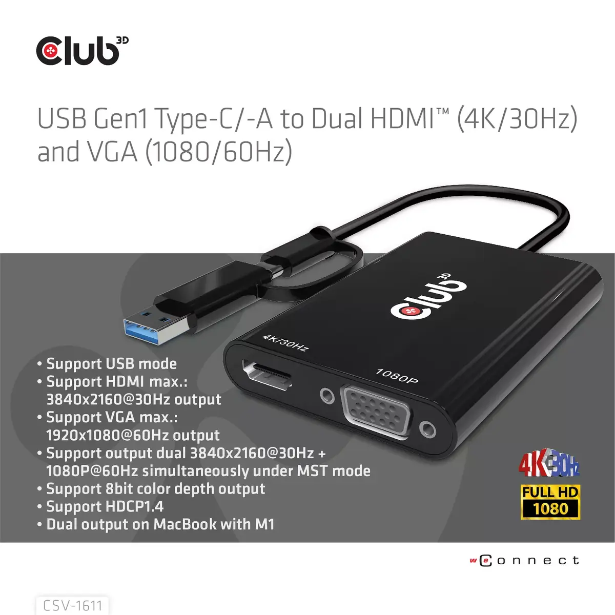 USB Gen1 Type-C/-A на Dual HDMI VGA CLUB3D CSV-1611 Photo 7