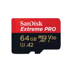 MicroSDXC atmiņa SANDISK Extreme PRO 64GB UHS‑I U3 V30 A2, nolasīšana 200 MB/s, ieraksts 90–140 MB/s, ar SD adapteri