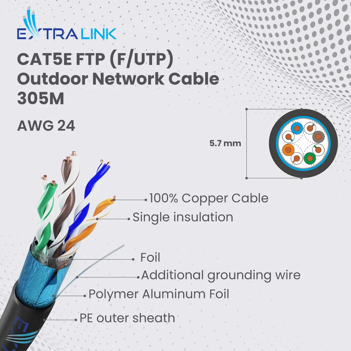 Кабель витая пара Extralink CAT5E FTP V2 Outdoor 305M Photo 15
