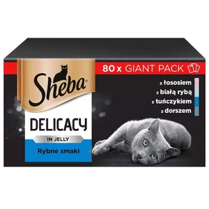 Mitrs kaķu barībai Sheba Moist 80 g — pieaugušajiem, zivju maisījums: menca, lasis, tuncis, baltzivis, mitrums 86%, olbaltumvielas 7,5%, tauki 4,5%