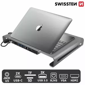 Docking station SWISSTEN multifunctional USB-C with HDMI, USB 3.0, 2× USB-C, RJ45, SD/MicroSD, VGA, Audio — Grey