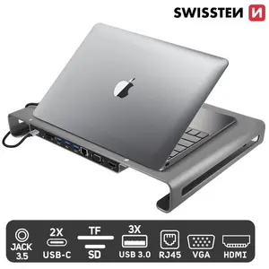 Docking station SWISSTEN multifunctional USB-C with HDMI, USB 3.0, 2× USB-C, RJ45, SD/MicroSD, VGA, Audio — Grey
