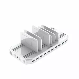 Uzlādes stacija Unitek Y-2190 stāvoša uz galda, 9x USB-A + 1x USB-C, 160 W, 12 V maks, adapteris 2.4 A, 10 ierīču, balta