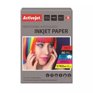 Spīdīga fotopapīra ActiveJet A6 260 g/m², 200 loksnes, balta, sveķu pārklājums, priekš tintes printeriem