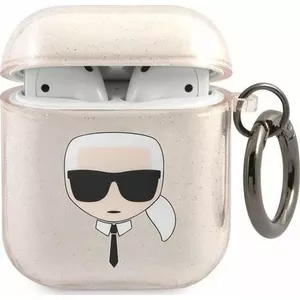 Aizsargapvalks AirPods Karl Lagerfeld modelis KLA2UKHGD zelta ar spīdumiem un Karl's Head motīvu