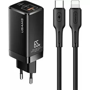 Сетевое зарядное устройство usams MT 2x USB-C GaN 65W PD с кабелем USB-C — Lightning 30W