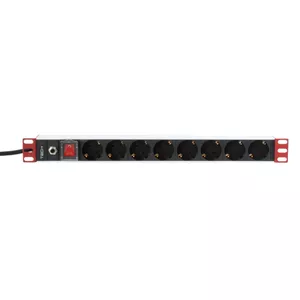 Strāvas sloksne TECHLY Rack 19" 1U, 8 Schuko kontaktligzdas, 220–250 V, melna, platums 482,6 mm