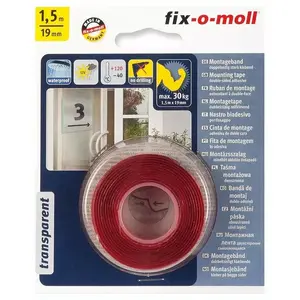 Divpusēja līmlente FIX-O-MOLL, 30 kg kravnesība, 1.5 m x 19 mm
