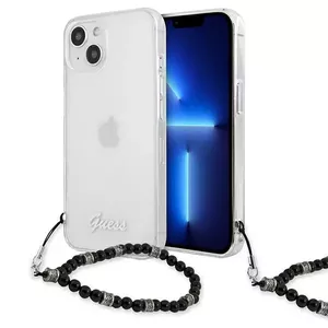 Protective phone case GUESS for Apple iPhone 13 — transparent PC with script and black pearls