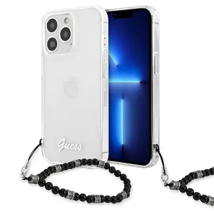 Protective hard back case GUESS for Apple iPhone 13 Pro — transparent PC with black pearl script