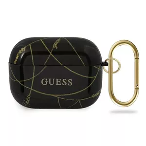 Aizsargvāciņš AirPods Pro GUESS GUACAPTPUCHBK melns ar zelta ķēdi