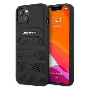 Cieta apvalka Mercedes AMHCP13SGSEBK priekš iPhone 13 mini 5.4" — melna āda ar iegravētām līnijām